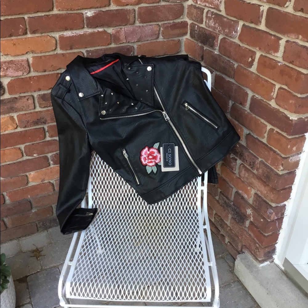 Ci Sono Black Faux Leather Jacket Red Floral